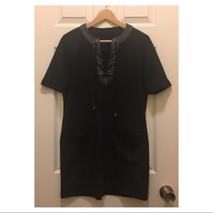 BLACK FAUX SUEDE LACE UP FRONT MINI DRESS